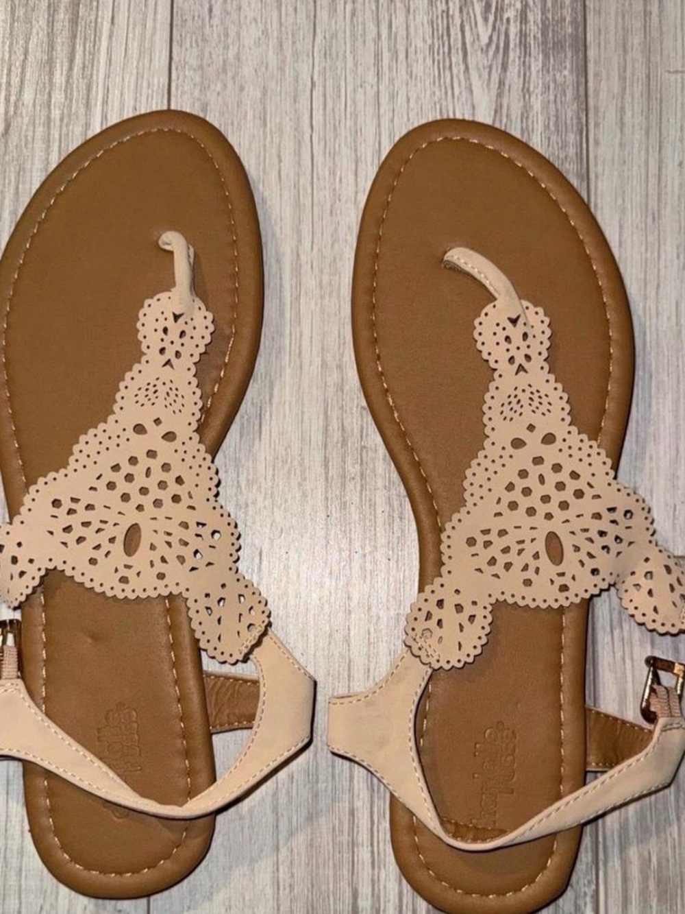 Charlotte Russe Beige Laser-Cut T-Strap Sandals